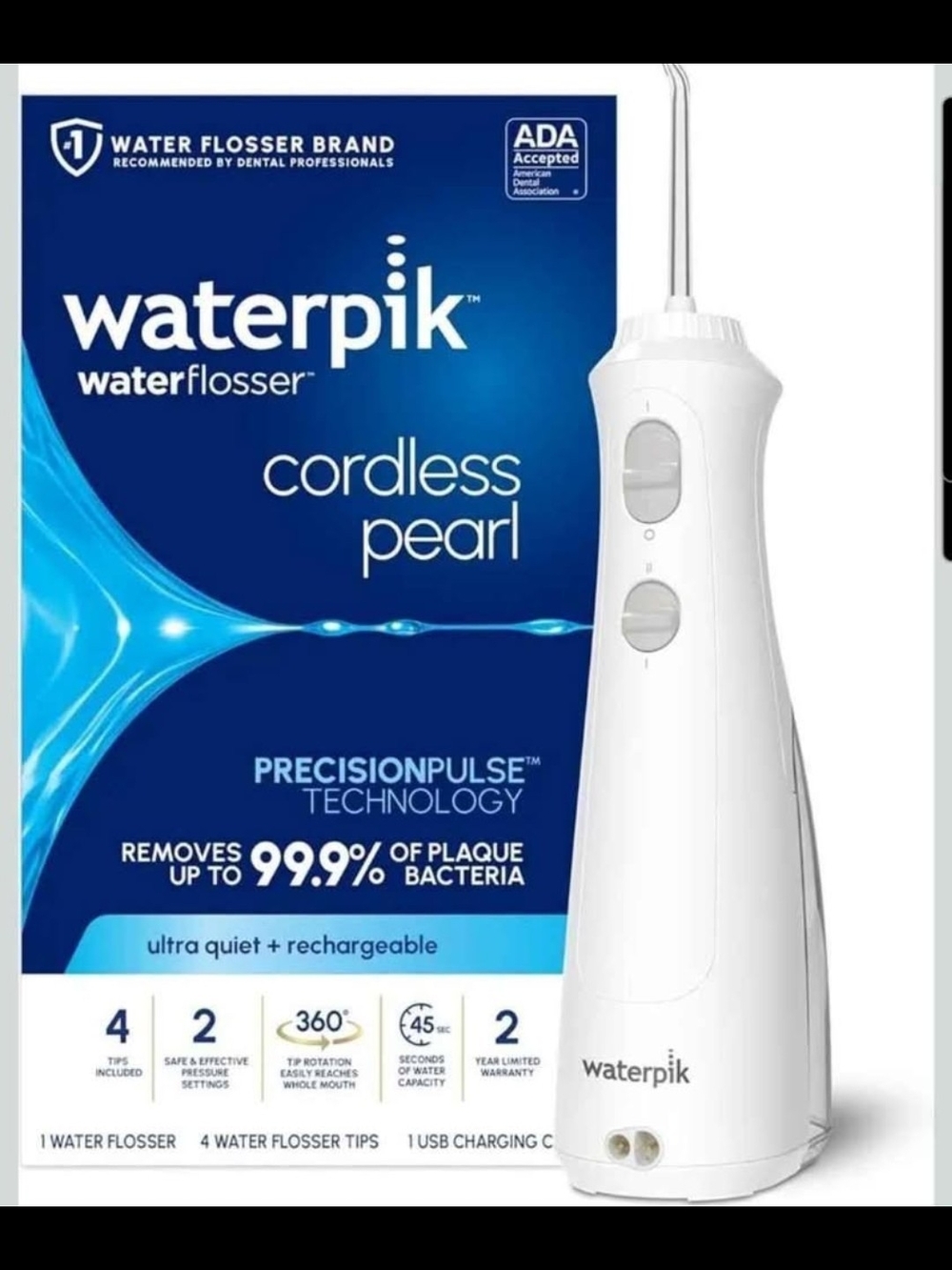 Waterpik Cordless Pearl Water Flosser Rechargeable Oral Irrigator 4 Tips ADA A3